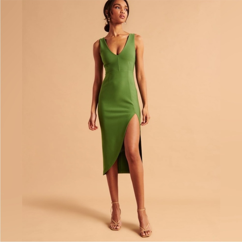 Abercrombie & Fitch V-Neck Midi Dress Green LT Large Tall